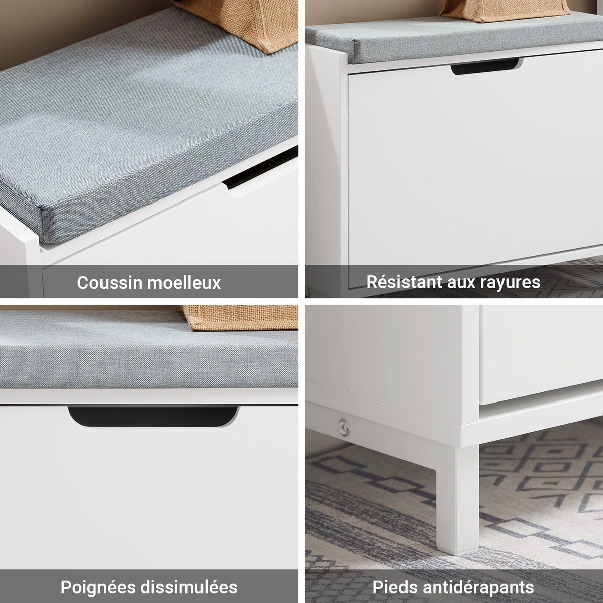 SoBuy FSR151-K-W Banc à Chaussures avec Coussin Rembourré et 1 Abattant, Slim 24cm pour Entrée – 60x24x52 cm, Blanc