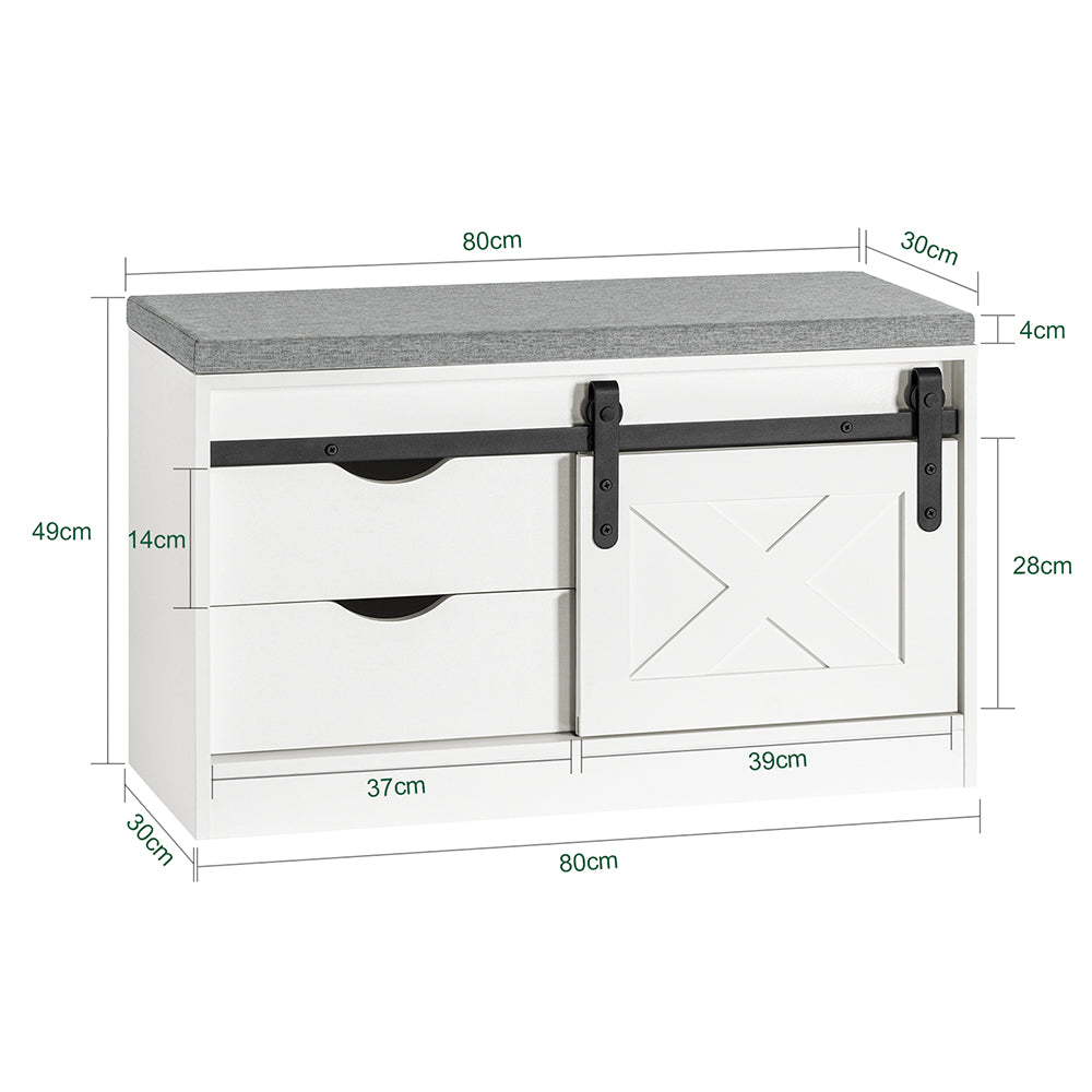 SoBuy FSR153-W Banc à Chaussures avec Coussin Rembourré et Porte de Grange Coulissante pour Entrée – 80x30x49 cm, Blanc