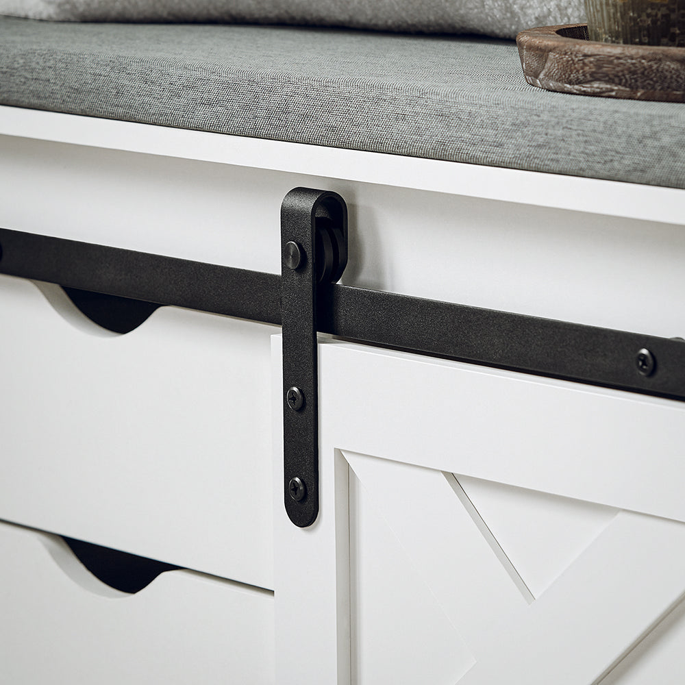 SoBuy FSR153-W Banc à Chaussures avec Coussin Rembourré et Porte de Grange Coulissante pour Entrée – 80x30x49 cm, Blanc