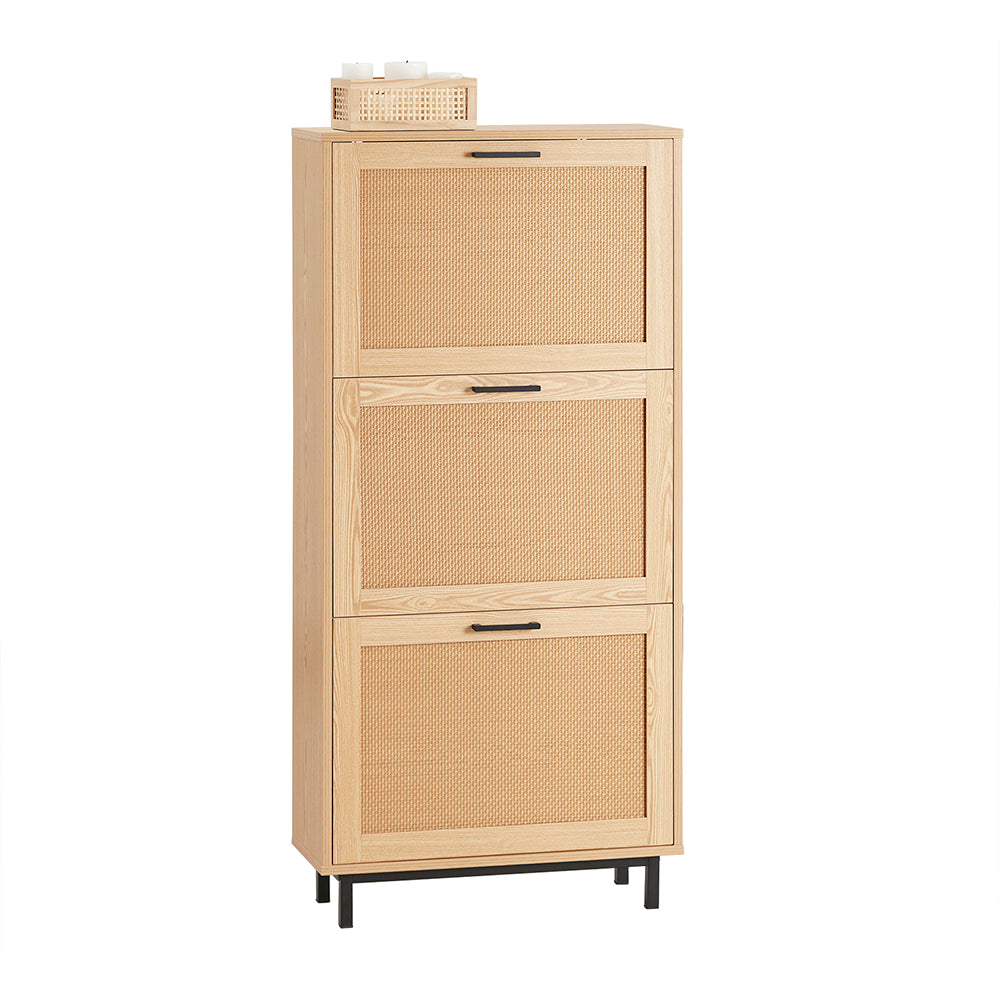 SoBuy FSR155-N Armoire à Chaussures 3 Abattants Effet Cannage Rotin, Meuble d'Entrée Design – Naturel