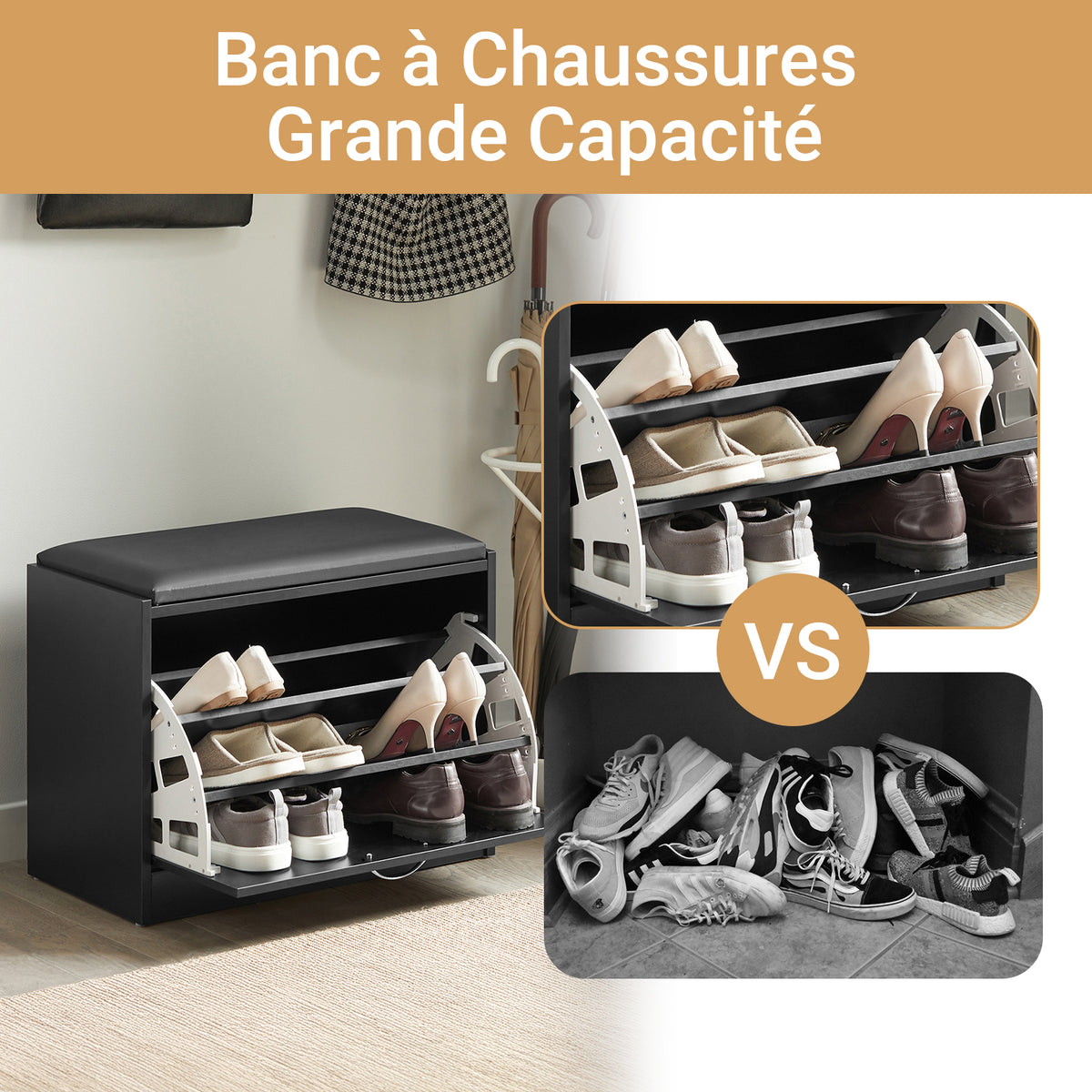 SoBuy FSR16-SCH Banc Armoire à Chaussures 1 abattant avec Coussin Meuble d’entrée Coffre Rangement pour Chaussures, N