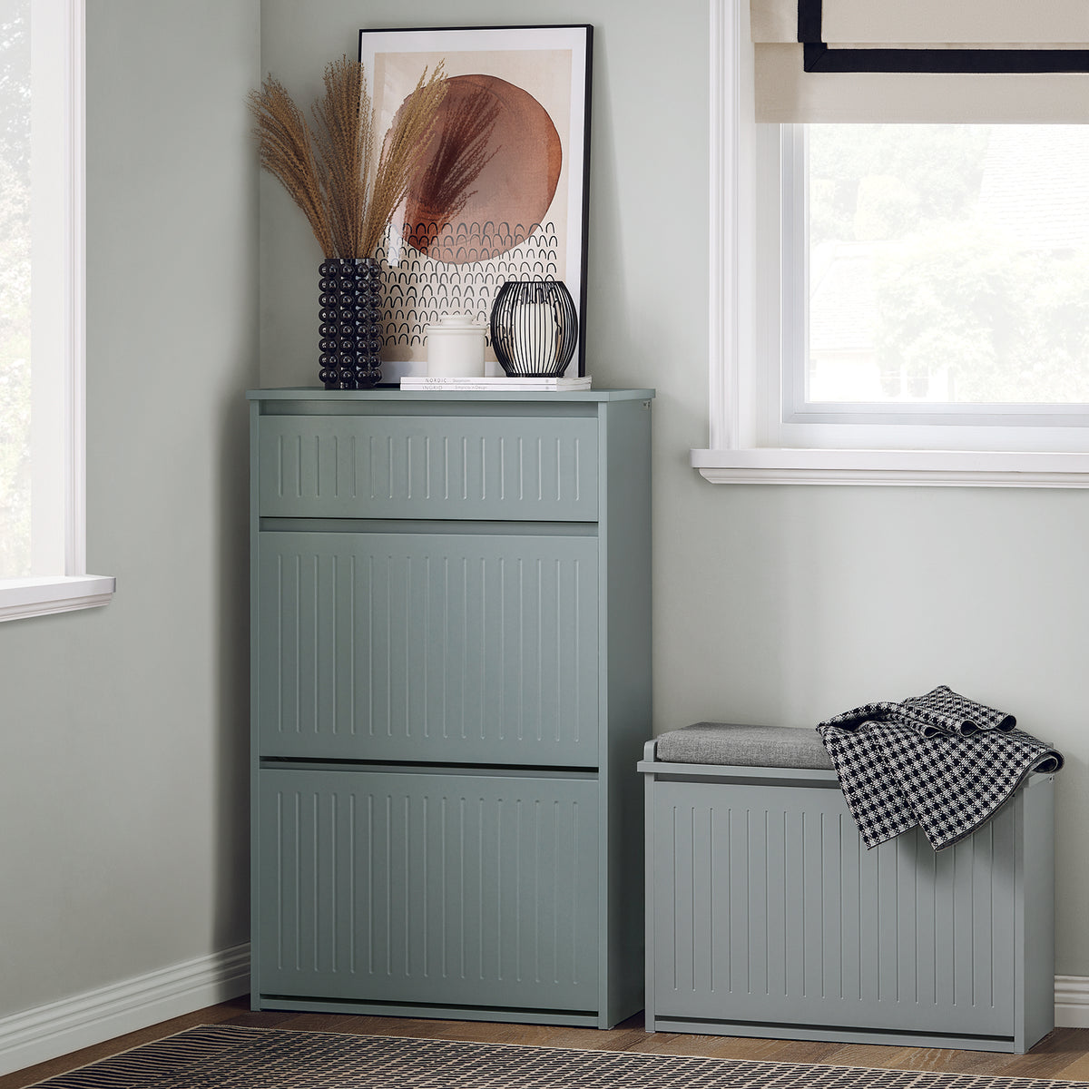 SoBuy FSR165-HG Armoire à Chaussures avec Coussin Rembourré, Coffre 2 Abattants, Capacité 30 kg pour Entrée – Gris