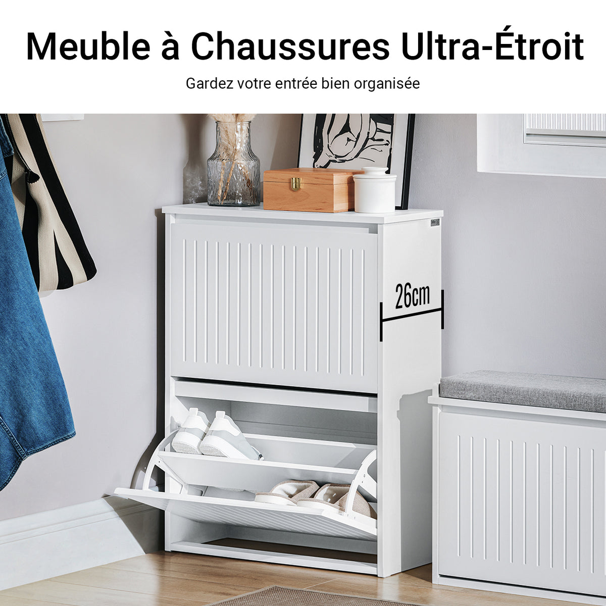 SoBuy FSR165-K-W Meuble à Chaussures à Abattants 2 Niveaux – Rangement Discret pour Entrée – 61x26x81 cm Blanc