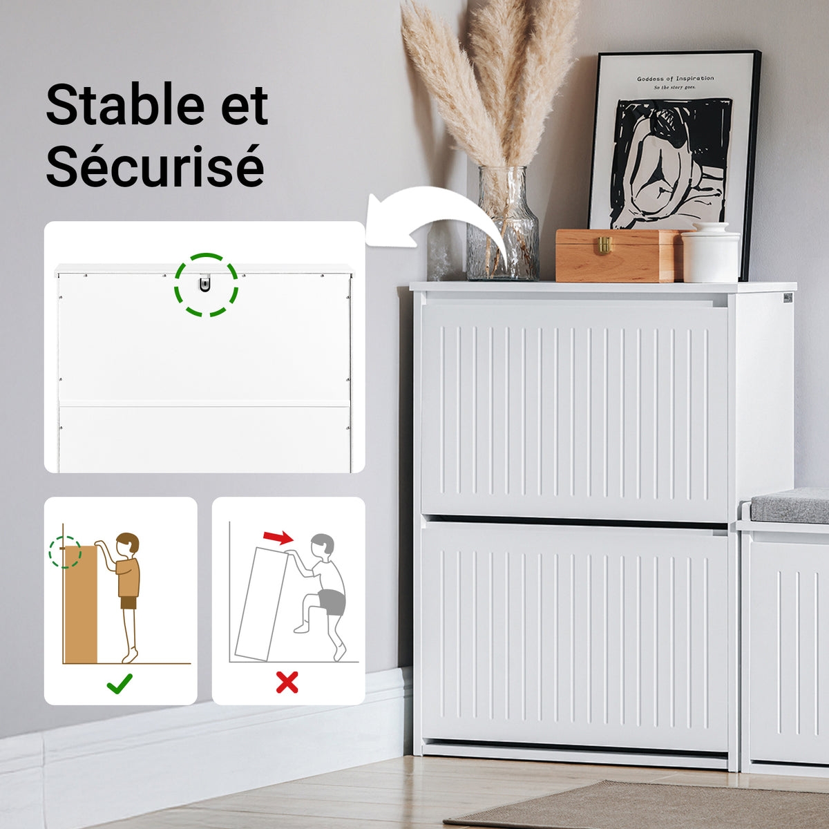 SoBuy FSR165-K-W Meuble à Chaussures à Abattants 2 Niveaux – Rangement Discret pour Entrée – 61x26x81 cm Blanc