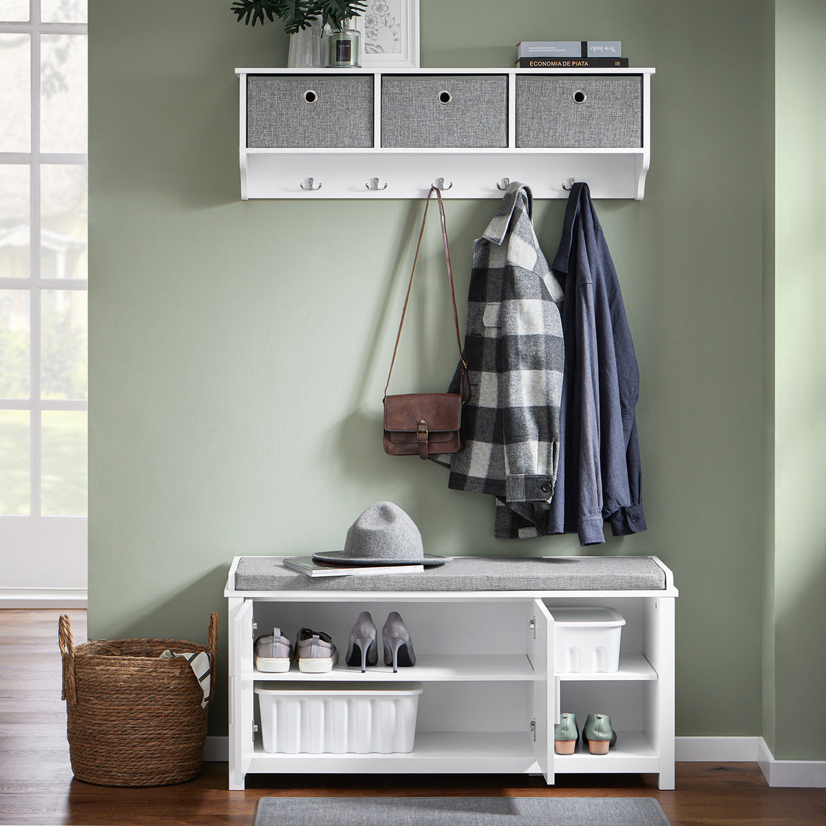 SoBuy FSR168-W Banc à Chaussures Banc de Rangement Meuble d'Entrée Meuble à Chaussures, 2 Portes Coussin Rembourré