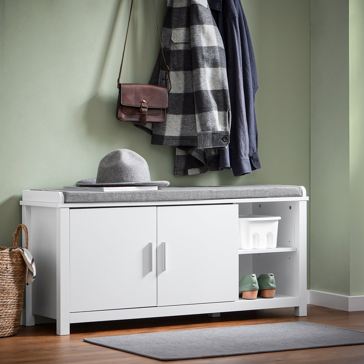 SoBuy FSR168-W Banc à Chaussures Banc de Rangement Meuble d'Entrée Meuble à Chaussures, 2 Portes Coussin Rembourré