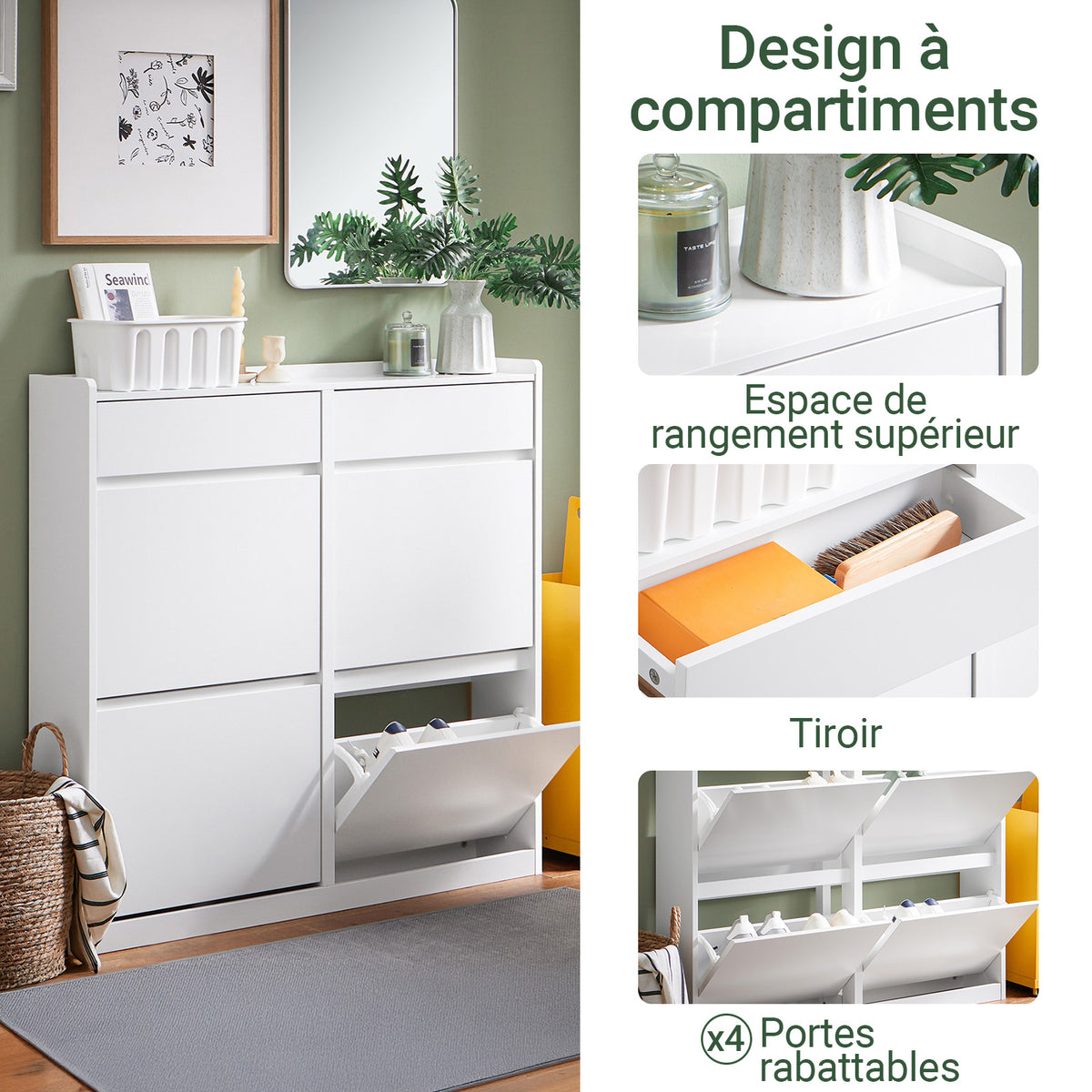 SoBuy FSR169-W Meuble à Chaussures Ultra-Slim 19 cm à Abattants – Rangement Discret – Blanc