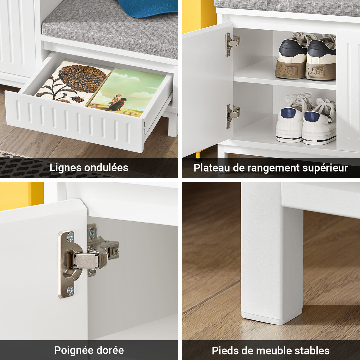 SoBuy FSR172-W Banc à Chaussures pour Enfants avec 2 Coussins Rembourrés, 2 Portes et 1 Tiroir, Charge 181 kg pour Entrée – 100x35x42 cm, Blanc