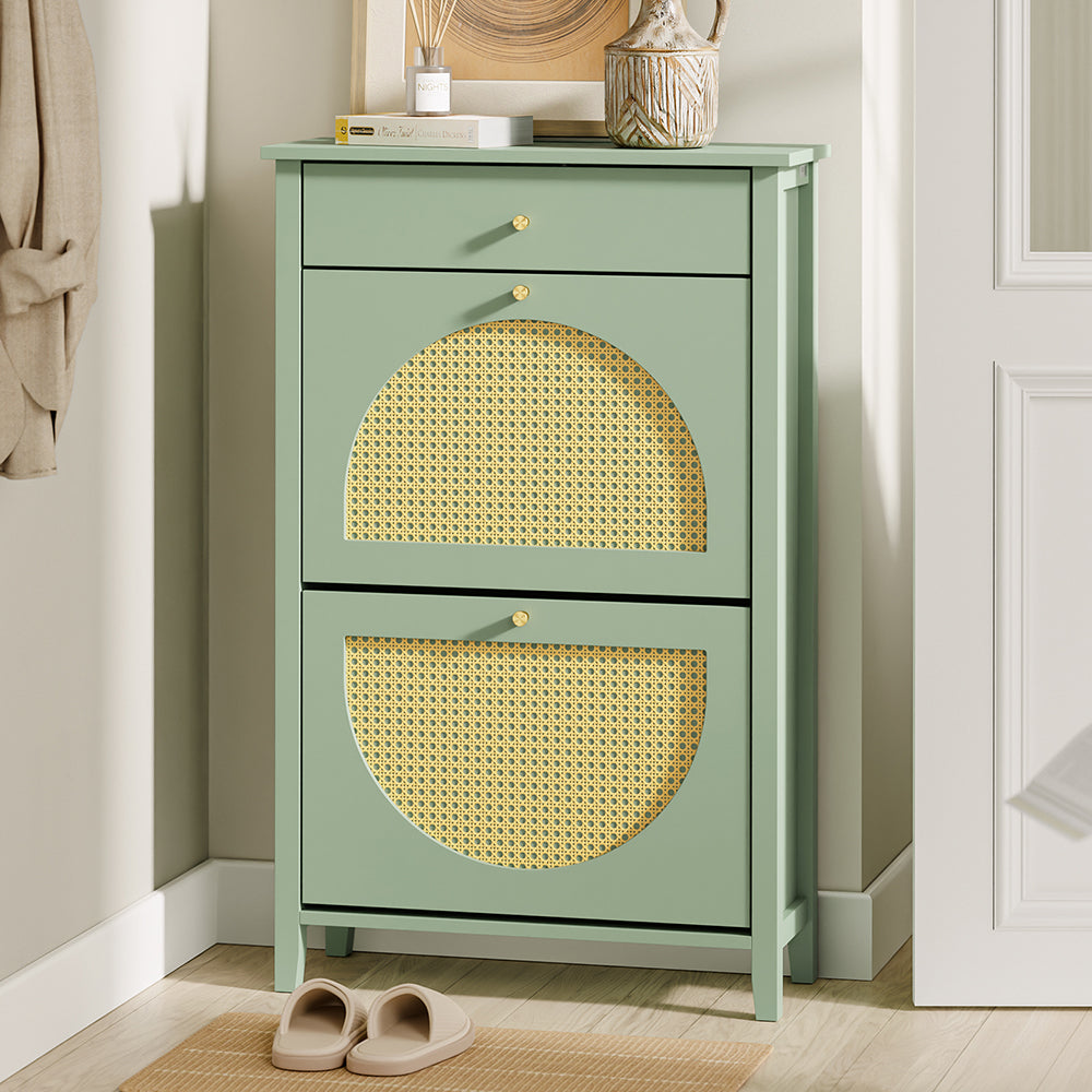 SoBuy FSR223-GR Armoire à Chaussures Cannage 2 Abattants et 1 Tiroir – 12 Paires, Meuble d'Entrée – 62×25×97 cm, Vert