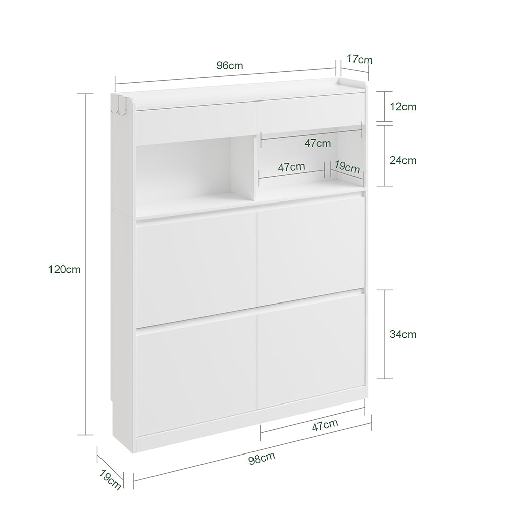 SoBuy FSR224-E-W Meuble à Chaussures Étroit avec LED et 2 Tiroirs – Abattants, 12 Paires – 98×19×120 cm, Blanc