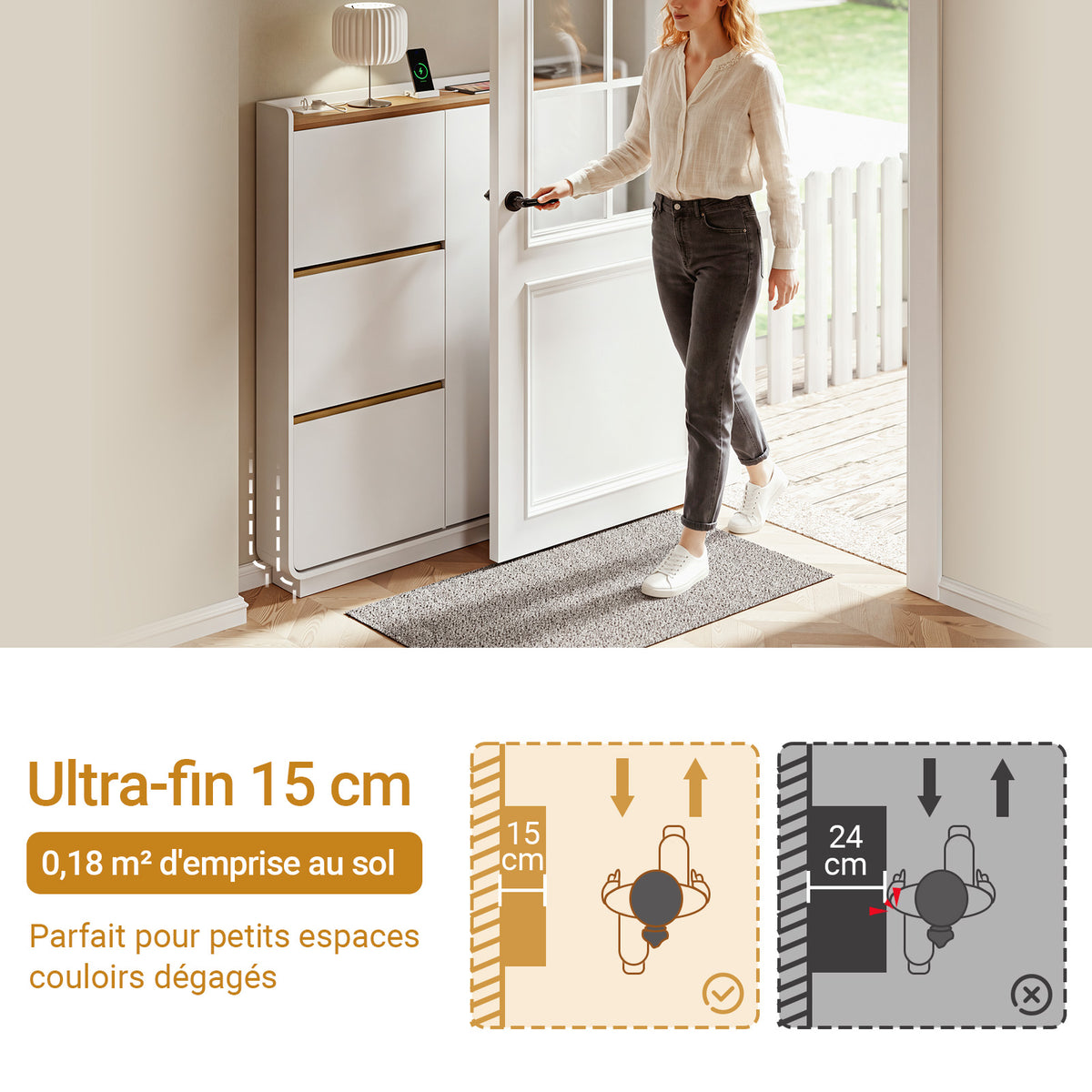 SoBuy FSR229-E-WN Meuble à Chaussures Suspendu Ultra Fin – 15 cm de Profondeur, 14 Paires, USB-C, Blanc, 121 × 15 × 126 cm