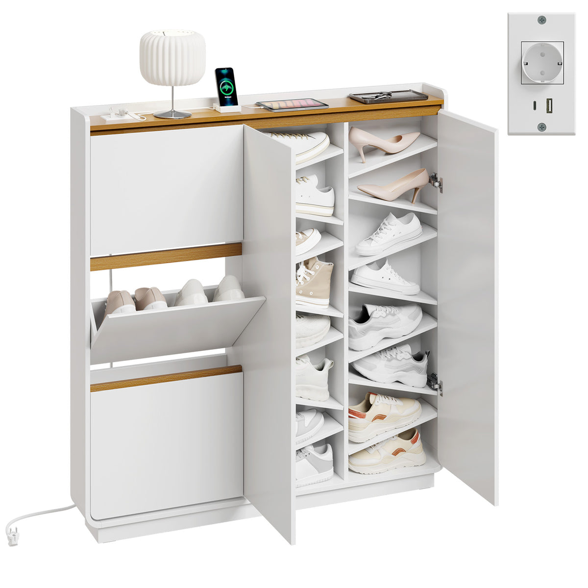 SoBuy FSR229-E-WN Meuble à Chaussures Suspendu Ultra Fin – 15 cm de Profondeur, 14 Paires, USB-C, Blanc, 121 × 15 × 126 cm