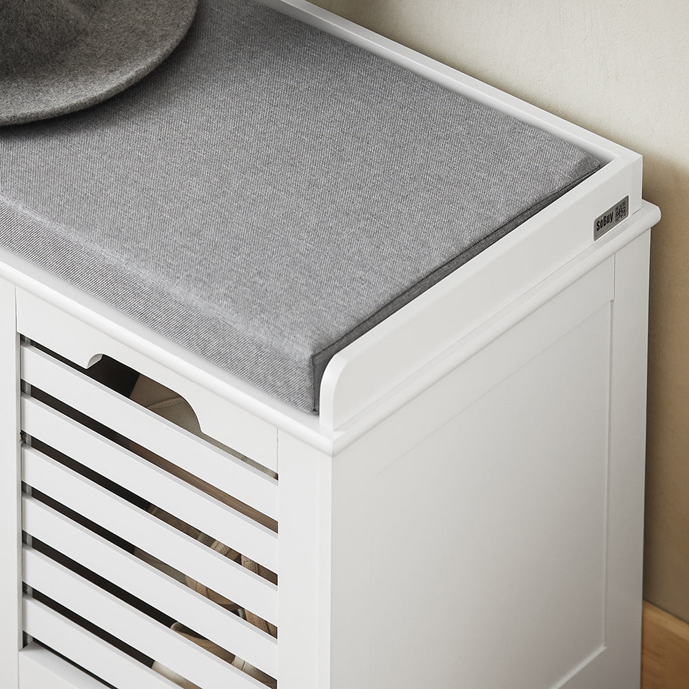 SoBuy FSR23-K-W Banc à Chaussures avec Coussin Rembourré et 2 Cubes de Rangement pour Entrée – 71x34x43 cm, Blanc