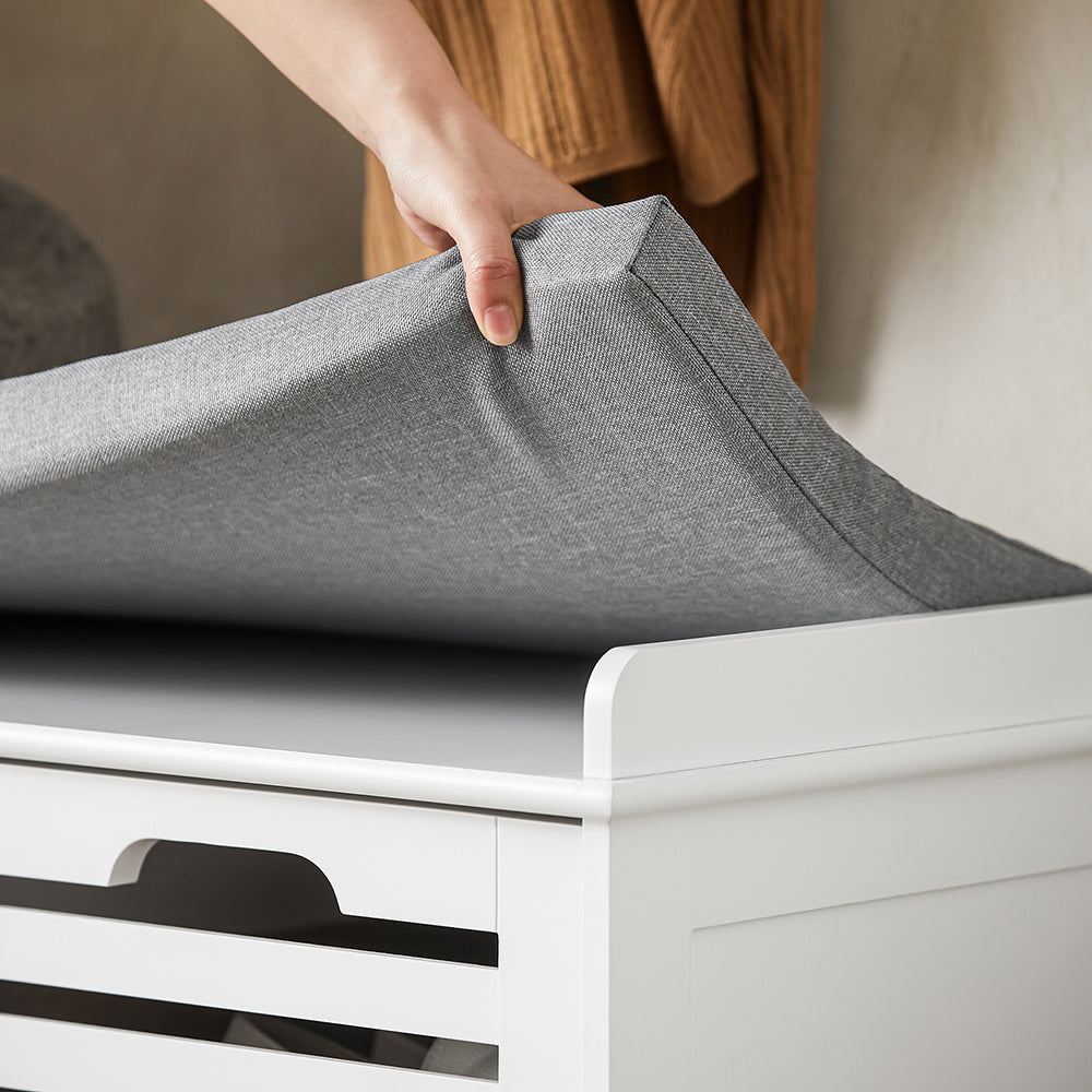 SoBuy FSR23-K-W Banc à Chaussures avec Coussin Rembourré et 2 Cubes de Rangement pour Entrée – 71x34x43 cm, Blanc