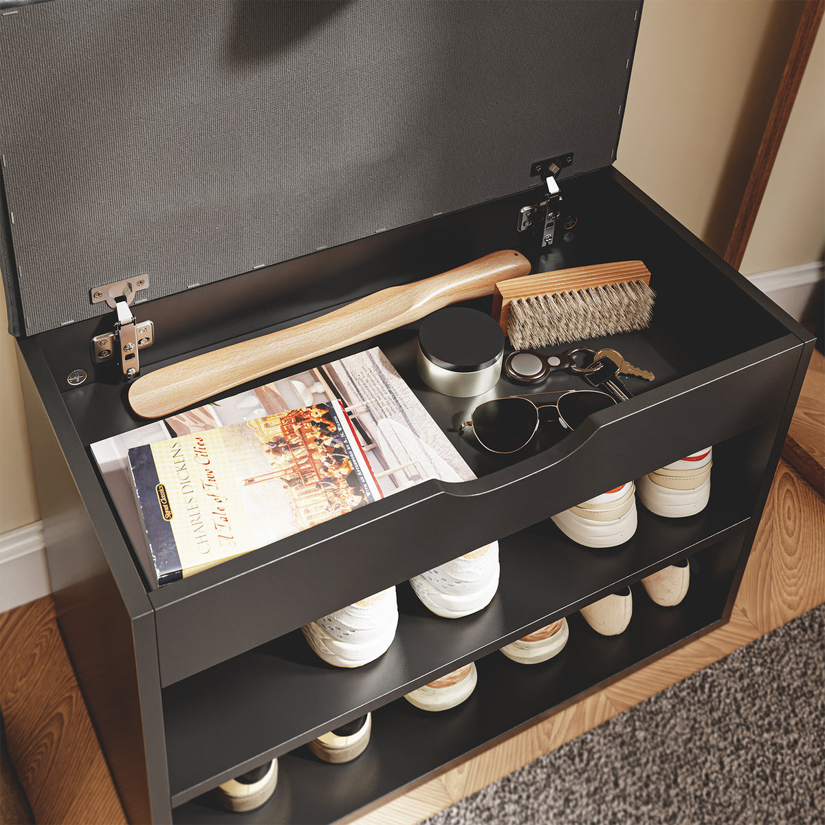 SoBuy FSR25-SCH Banc à Chaussures 3-en-1 avec Assise Rembourrée, Rangement Caché sous Rabat et 2 Étagères Ouvertes, Charge 113 kg – Noir, 60×30×43 cm