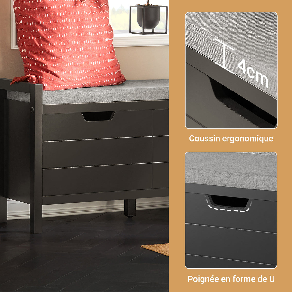 SoBuy FSR63-II-SCH Banc à Chaussures avec Coussin Rembourré et 2 Portes – L91×P30×H50 cm, Charge 150 kg, MDF E1, Noir