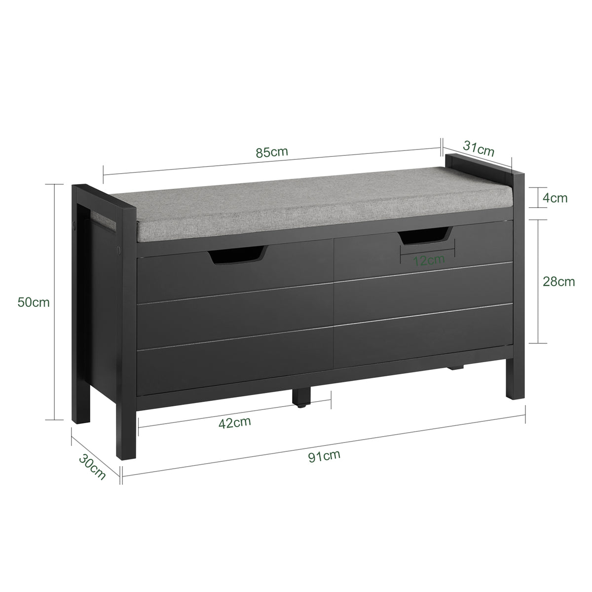 SoBuy FSR63-II-SCH Banc à Chaussures avec Coussin Rembourré et 2 Portes – L91×P30×H50 cm, Charge 150 kg, MDF E1, Noir