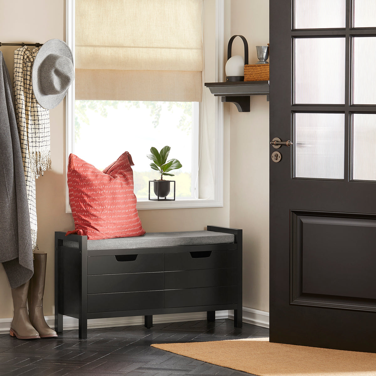 SoBuy FSR63-II-SCH Banc à Chaussures avec Coussin Rembourré et 2 Portes – L91×P30×H50 cm, Charge 150 kg, MDF E1, Noir