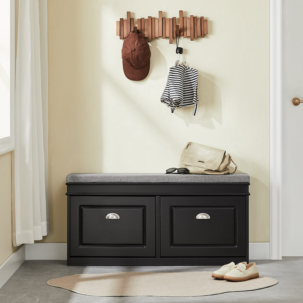 SoBuy FSR64-SCH Banc à Chaussures 2 Abattants avec Coussin Rembourré, Coffre de Rangement pour Entrée – 104x24x51 cm, Noir