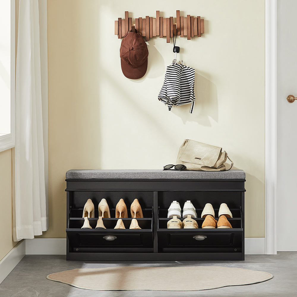 SoBuy FSR64-SCH Banc à Chaussures 2 Abattants avec Coussin Rembourré, Coffre de Rangement pour Entrée – 104x24x51 cm, Noir