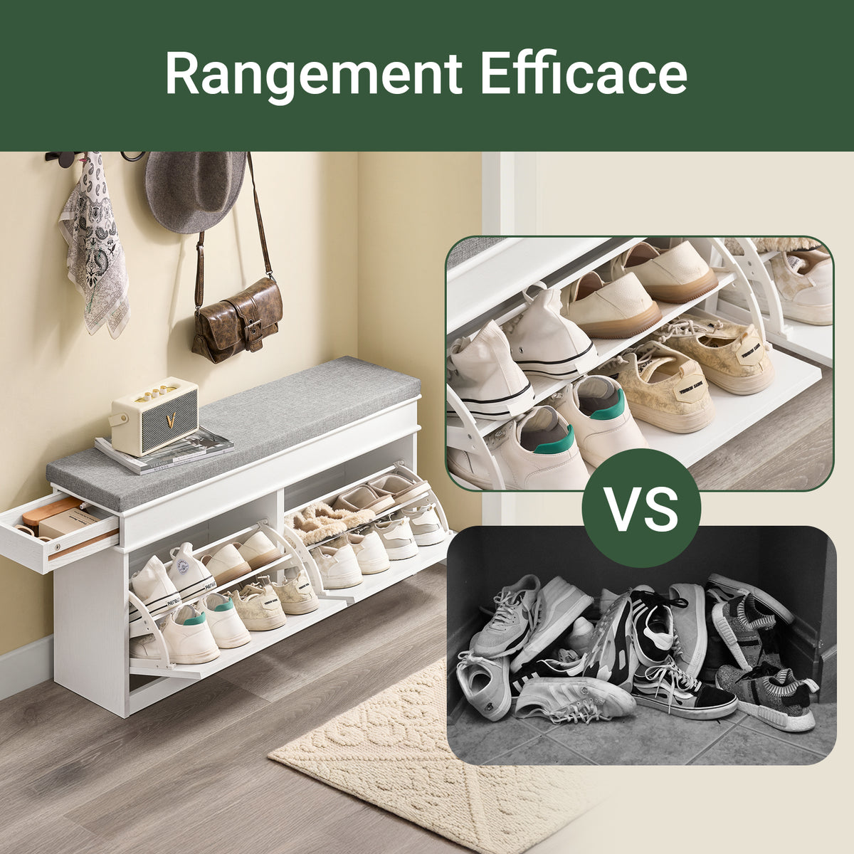 SoBuy FSR64-WG + FSR78-WG – Ensemble Meubles à Chaussures Entrée, Banc à Chaussures avec Coussin + Meuble à Chaussures 2 Abattants, Gain de Place, Rangement 16 Paires, Effet Bois Vieilli Blanc