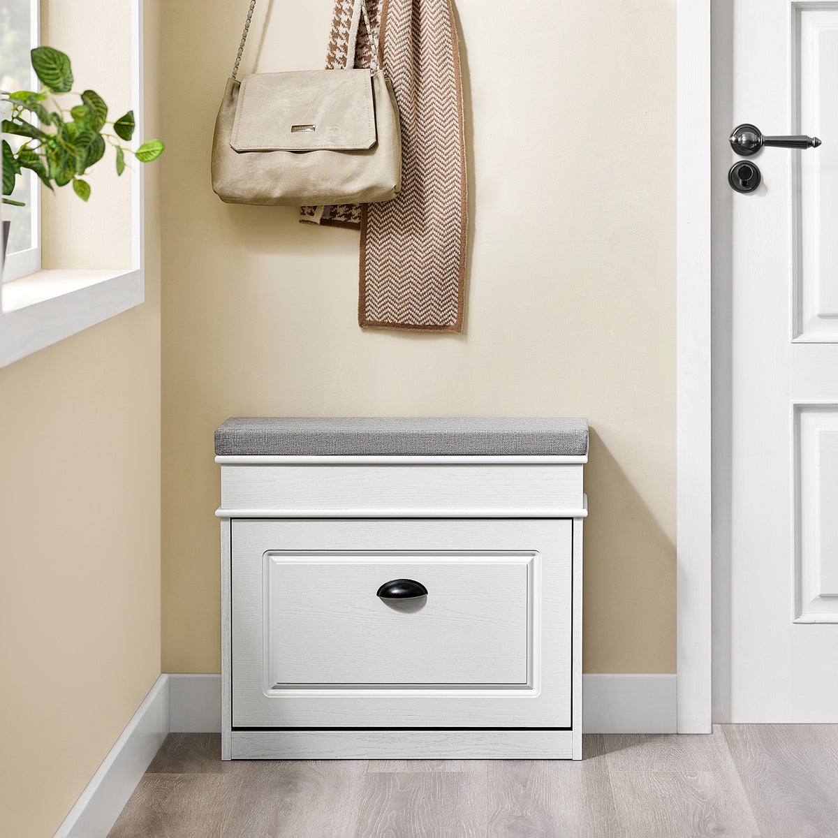 SoBuy FSR82-K-WG Banc à Chaussures avec Coussin Rembourré et 1 Abattant, Slim 24cm pour Entrée – 61x24x51 cm, Effet Bois Vieilli Blanc