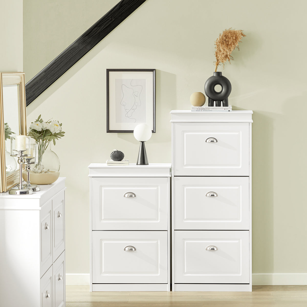SoBuy Lot Meubles à Chaussures Blanc FSR94-W + FSR64-W – Armoire 3 Abattants 12 Paires & Banc à Chaussures avec Rangement & Coussin, Entrée Étroit