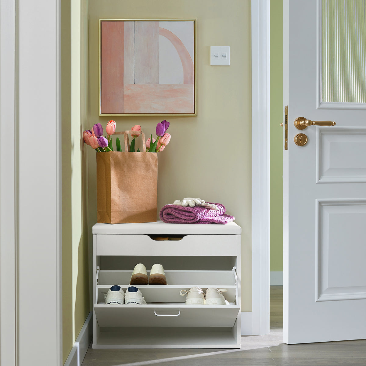 SoBuy FSR95-W Banc à Chaussures avec Coussin Rembourré et 1 Abattant – 8 Paires sur 2 Niveaux, Charge 150 kg, 60×30×50 cm, Blanc