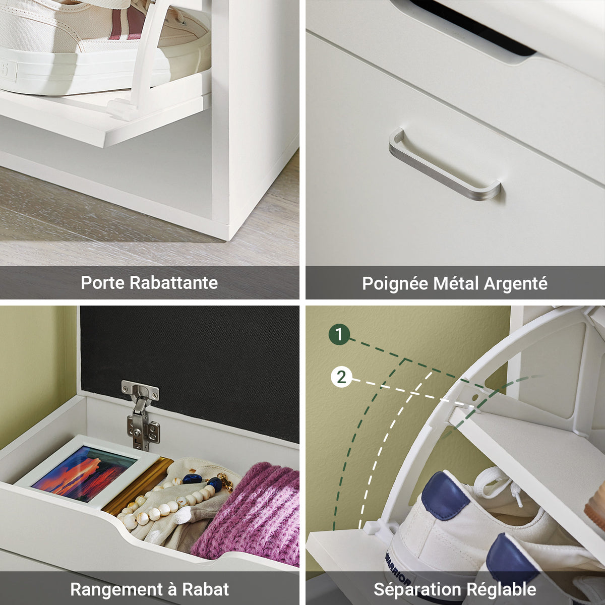 SoBuy FSR95-W Banc à Chaussures avec Coussin Rembourré et 1 Abattant – 8 Paires sur 2 Niveaux, Charge 150 kg, 60×30×50 cm, Blanc