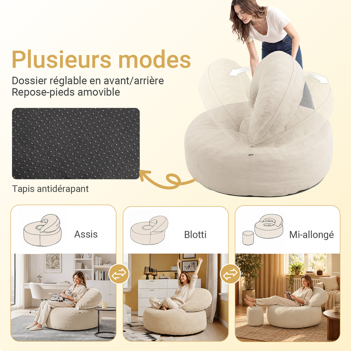 SoBuy FST100-MI Fauteuil Relax Scandinave avec Pouf et Dossier Inclinable – Velours Côtelé – 110×125×65 cm, Blanc Crème