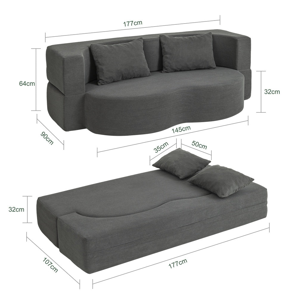 SoBuy FST101-DG Canapé-Lit Convertible 2 Places Gris Foncé – Design Organique en Velours Côtelé, 2 Coussins Inclus, Lit d'Appoint pour Petit Salon – 177×107×32 cm, Charge 227 kg