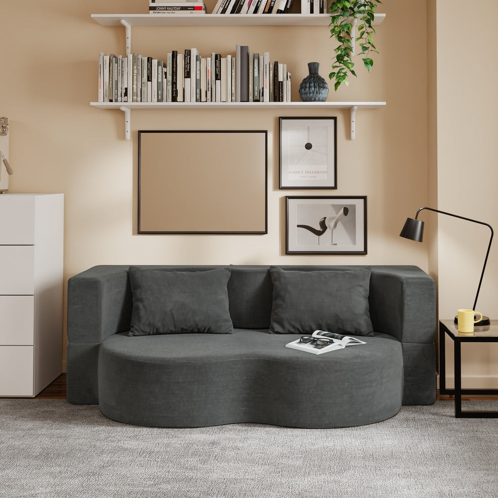 SoBuy FST101-DG Canapé-Lit Convertible 2 Places Gris Foncé – Design Organique en Velours Côtelé, 2 Coussins Inclus, Lit d'Appoint pour Petit Salon – 177×107×32 cm, Charge 227 kg