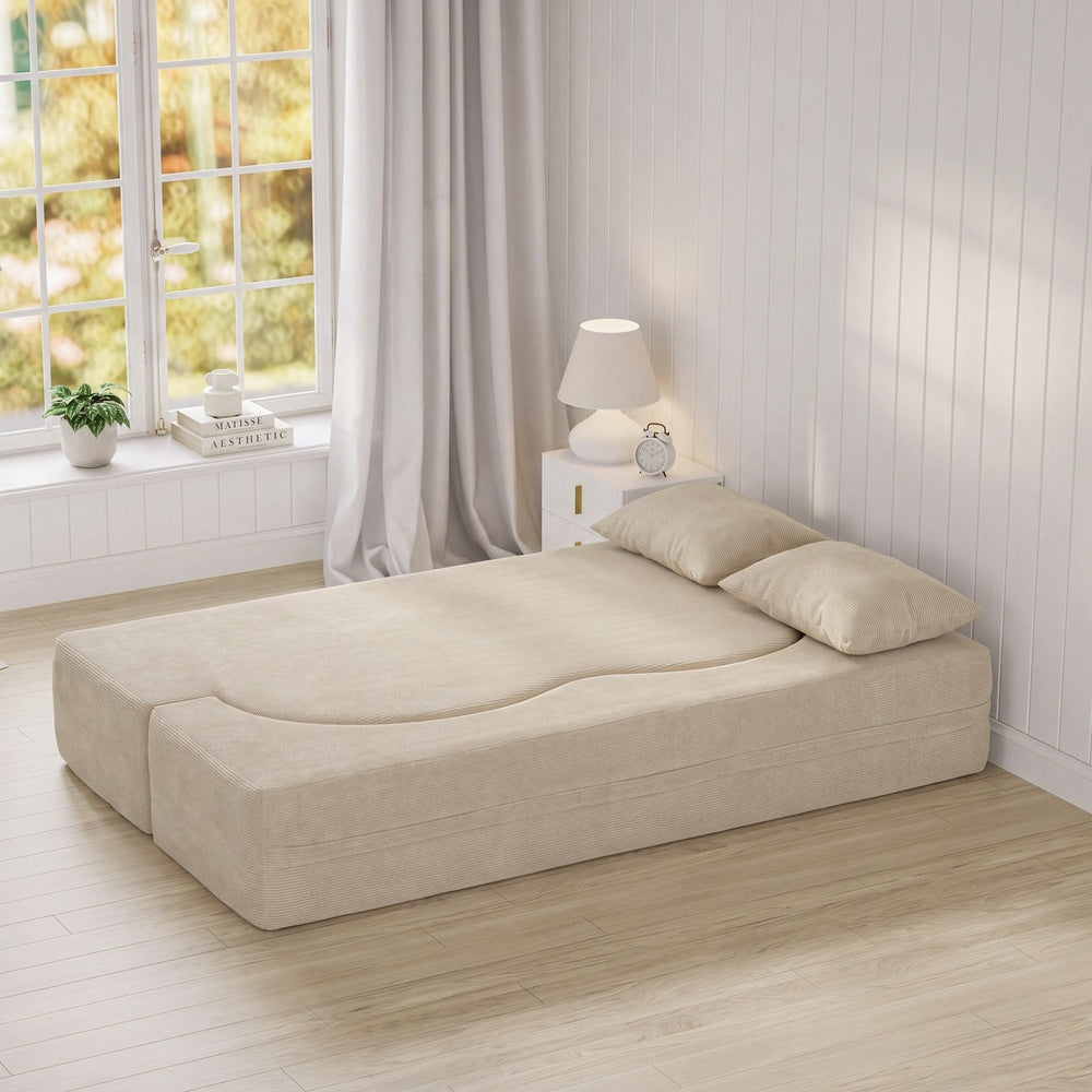 SoBuy FST101-MI Canapé-Lit Convertible Beige 2 Places – Lit d'Appoint Pliable, Velours Côtelé Confortable, 2 Coussins Inclus – 177×107×32 cm, Charge 227 kg