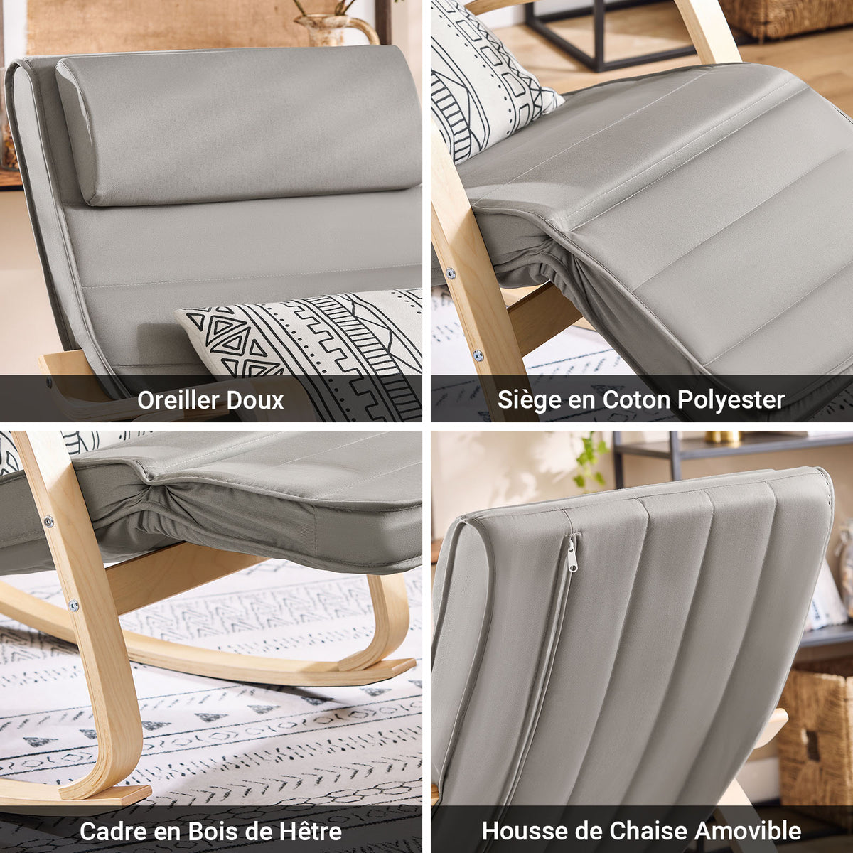 SoBuy FST16-DG Fauteuil a Bascule, Relax Rocking Chair, Chaise a Bascule avec Repose-Pieds et Appui-tête réglables, Gris