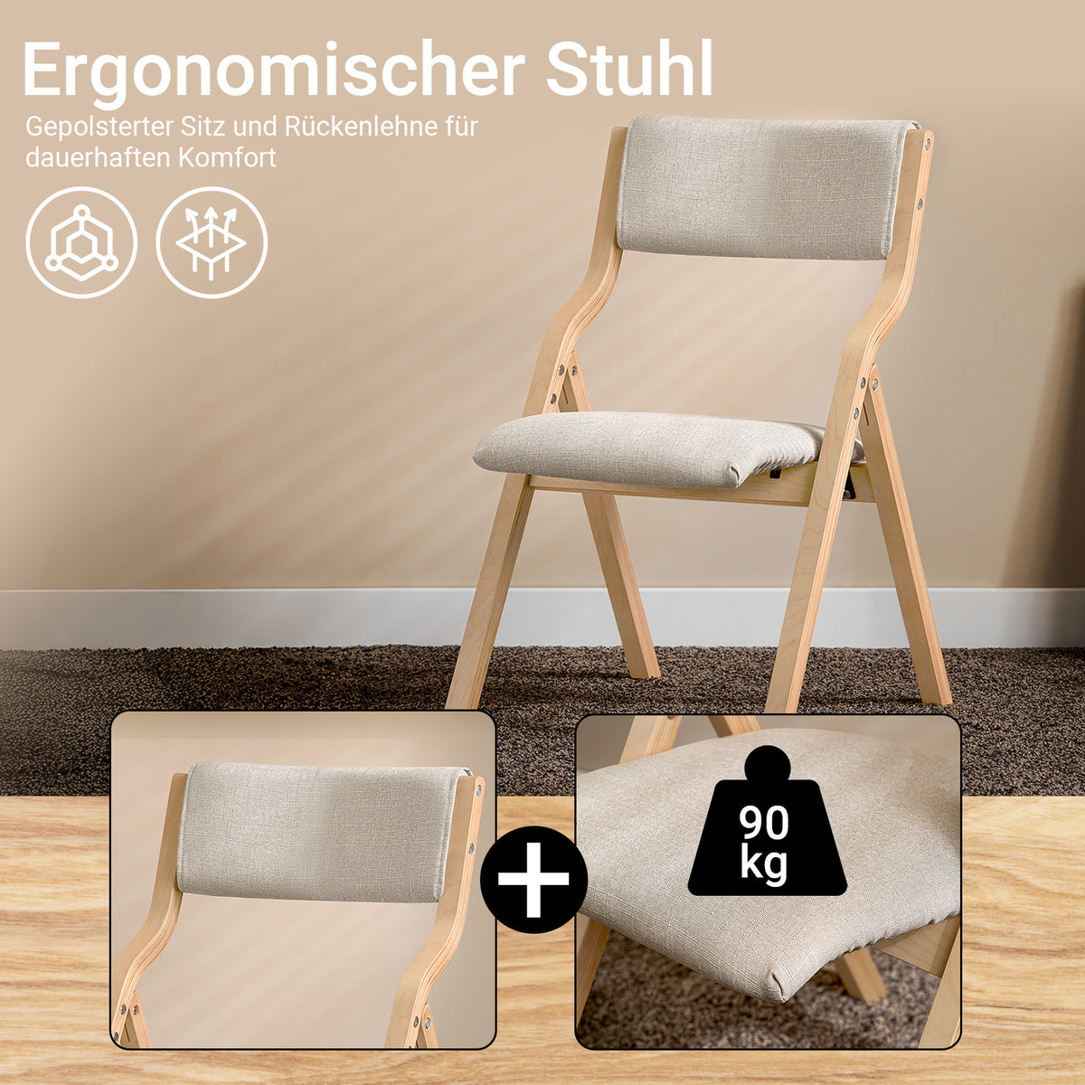 SoBuy FST40-HG Chaise Pliante Confortable en Bois – Housse Amovible Lavable – Naturel