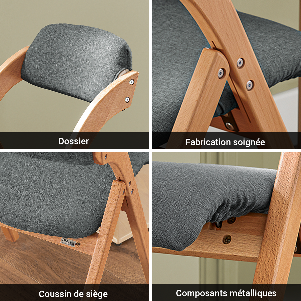 SoBuy FST92-SGx2 Lot de 2 Chaises Pliantes Rembourrées en Bois – Gris Foncé