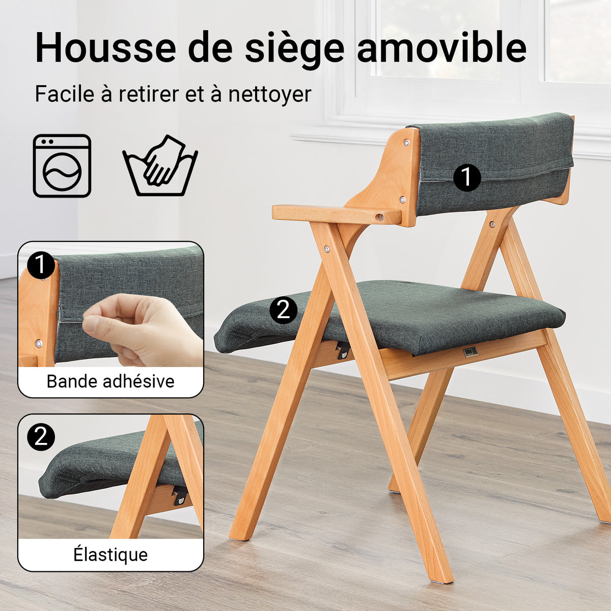SoBuy FST98-SGx2 Lot de 2 Chaises Pliantes en Bois de Hêtre avec Coussin Déhoussable, Charge 150 kg – Chaises Salle à Manger, Cuisine et Salon, Gris Foncé