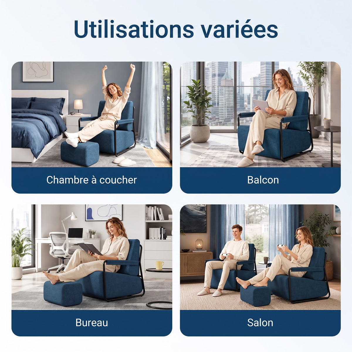 SoBuy FST99-B Fauteuil de Salon en Velours avec Repose-Pieds – Design Industriel Confortable – 59,5×67×78 cm, Bleu Nuit