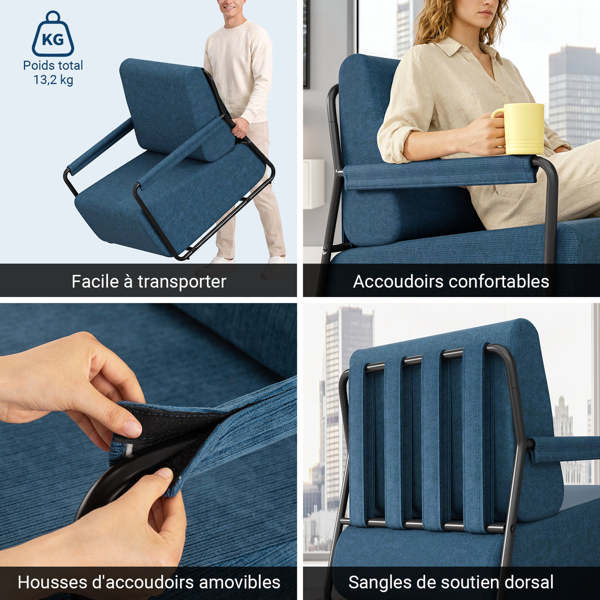 SoBuy FST99-B Fauteuil de Salon en Velours avec Repose-Pieds – Design Industriel Confortable – 59,5×67×78 cm, Bleu Nuit