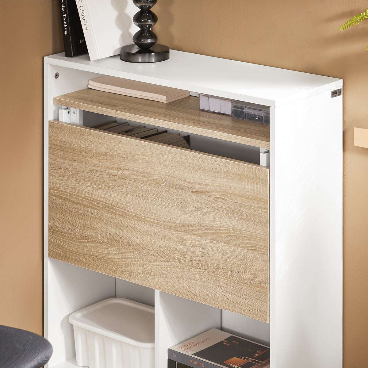 SoBuy FWT104-WN Bureau Rabattable Compact avec Rangement Intégré et Gestion des Câbles – L70×P57×H85 cm, Charge max. 81 kg, MDF, Blanc et Naturel