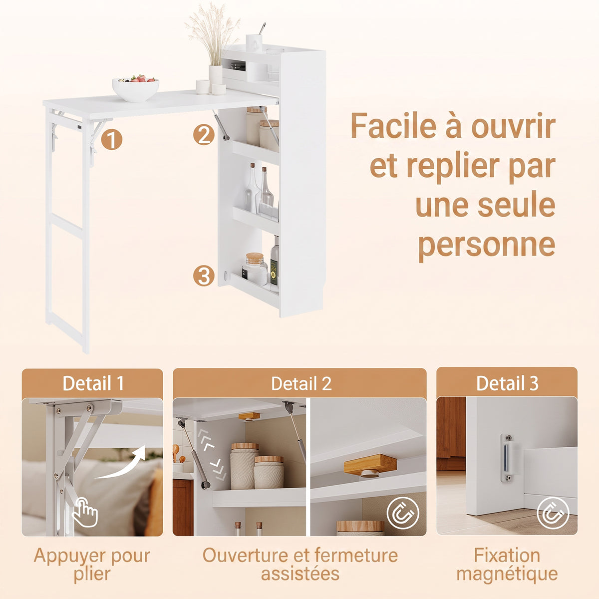 SoBuy FWT115-W Îlot Central de Cuisine à Table Pliante Extensible – Plan de Travail, Rangement – 65,3×199,5×120 cm, Blanc