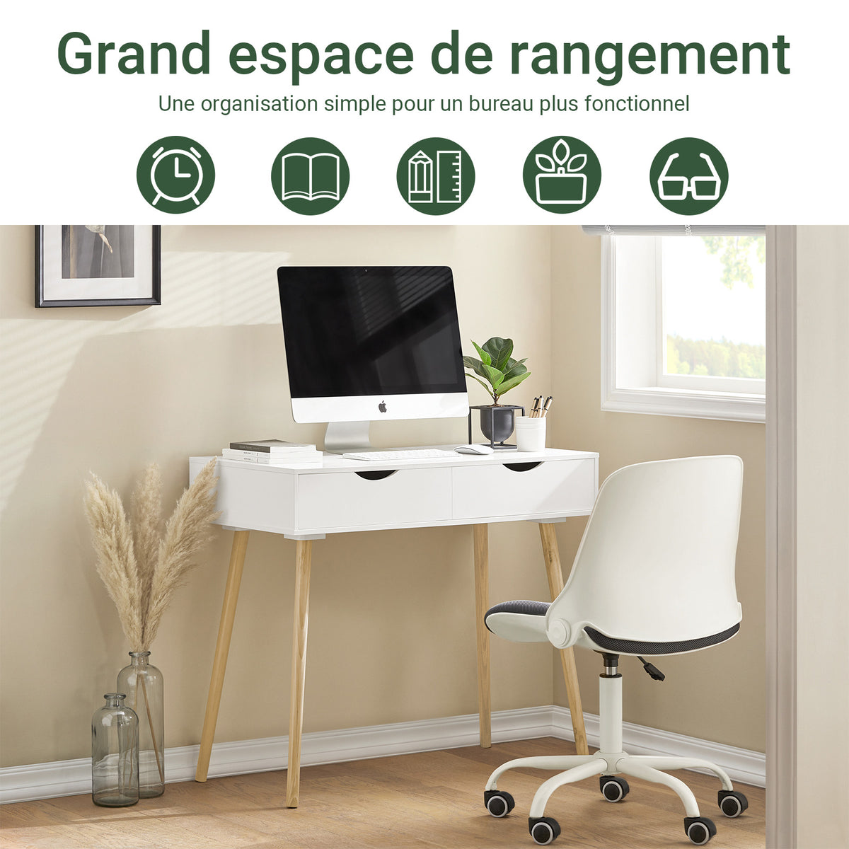 SoBuy FWT40-WN Table Bureau avec 2 Tiroirs Petit Bureau avec Rangement Desk Multifonctionnel pour Ordinateur et Chambre Blanc Naturel 90x45x77cm