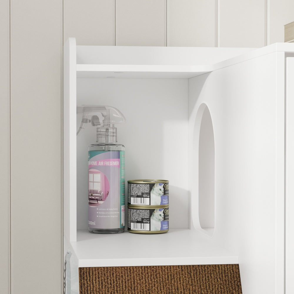 SoBuy HAT02-L-E-W Meuble Litière pour Chat Blanc avec Tiroir – Cache-Litière avec Griffoir Sisal Intégré, 2 Portes et Étagères – 98×60×80 cm, Charge 101 kg