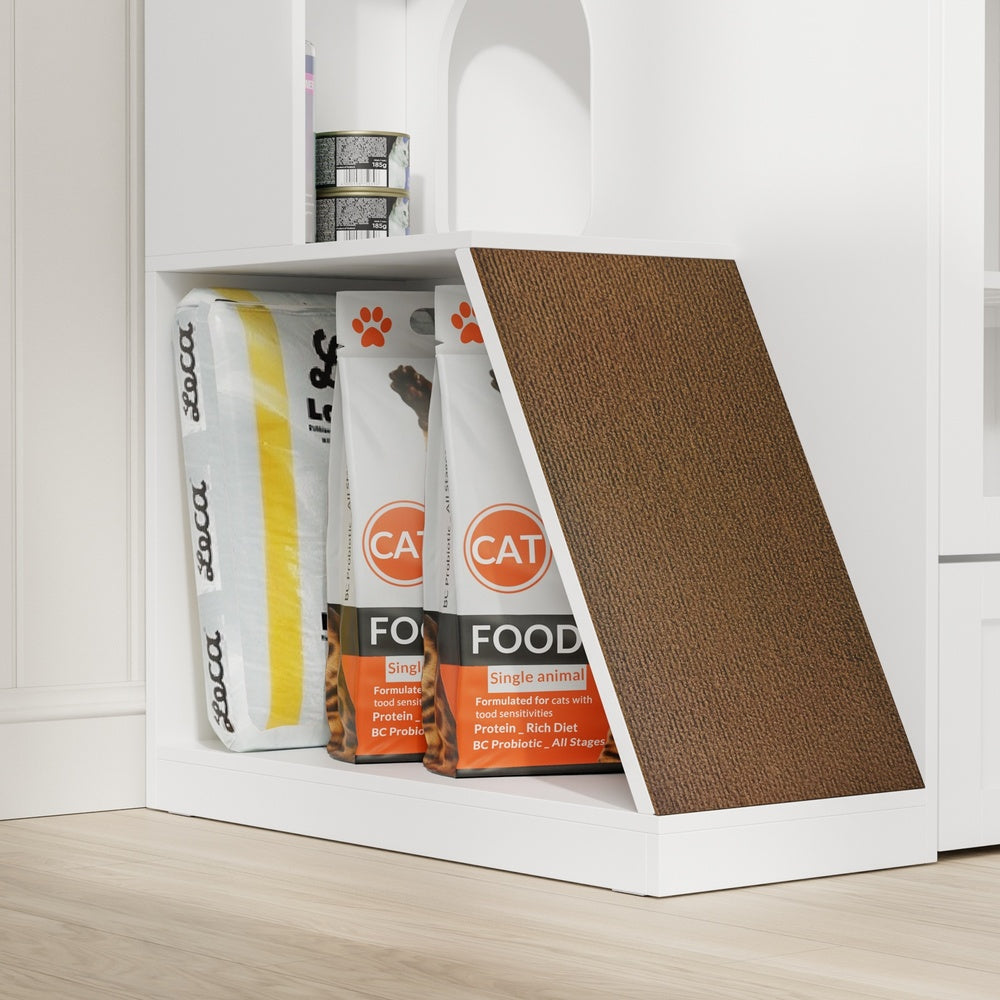 SoBuy HAT02-L-E-W Meuble Litière pour Chat Blanc avec Tiroir – Cache-Litière avec Griffoir Sisal Intégré, 2 Portes et Étagères – 98×60×80 cm, Charge 101 kg