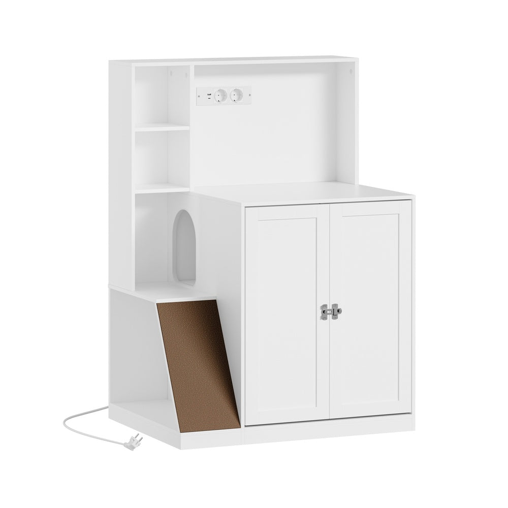 SoBuy HAT10-E-W Meuble Cache-Litière pour Chat 2 Portes avec Prises et Étagères – Armoire de Rangement Blanc Moderne pour Chambre, Cuisine et Bureau – 80×60×116,5 cm, Charge 96 kg
