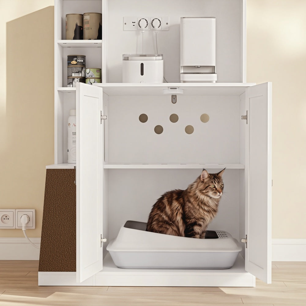 SoBuy HAT10-E-W Meuble Cache-Litière pour Chat 2 Portes avec Prises et Étagères – Armoire de Rangement Blanc Moderne pour Chambre, Cuisine et Bureau – 80×60×116,5 cm, Charge 96 kg