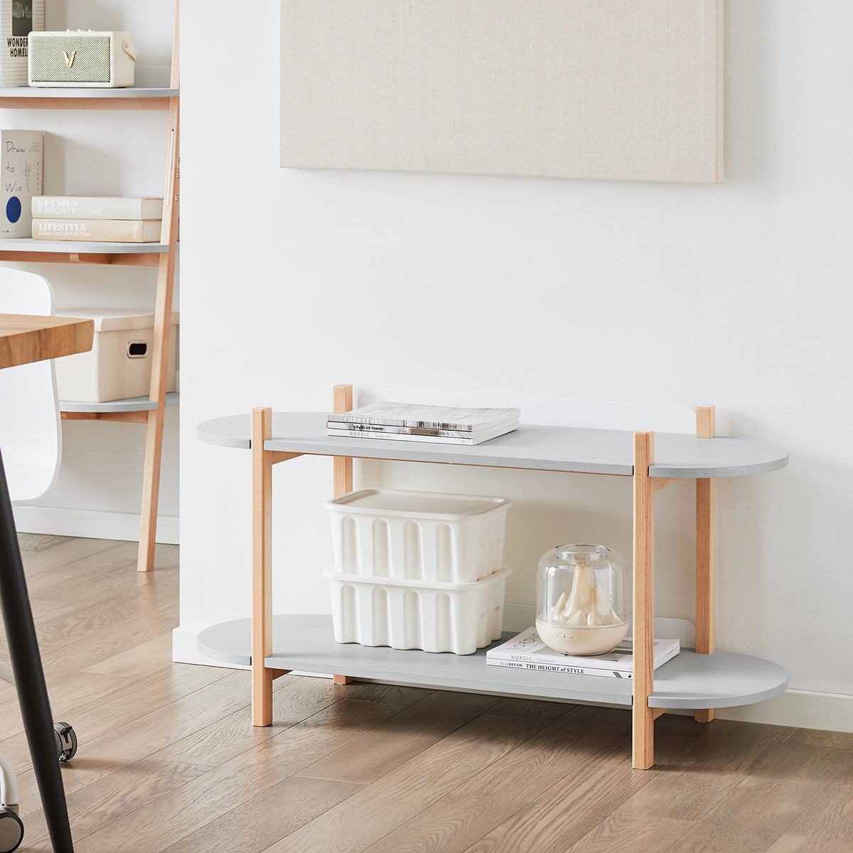 SoBuy HSTR01-HG Table d’Appoint avec 2 Niveaux, Rangement Optimisé, Design Fonctionnel, Usage Quotidien, Format Pratique – L100×P33×H52 cm, Bois, Gris