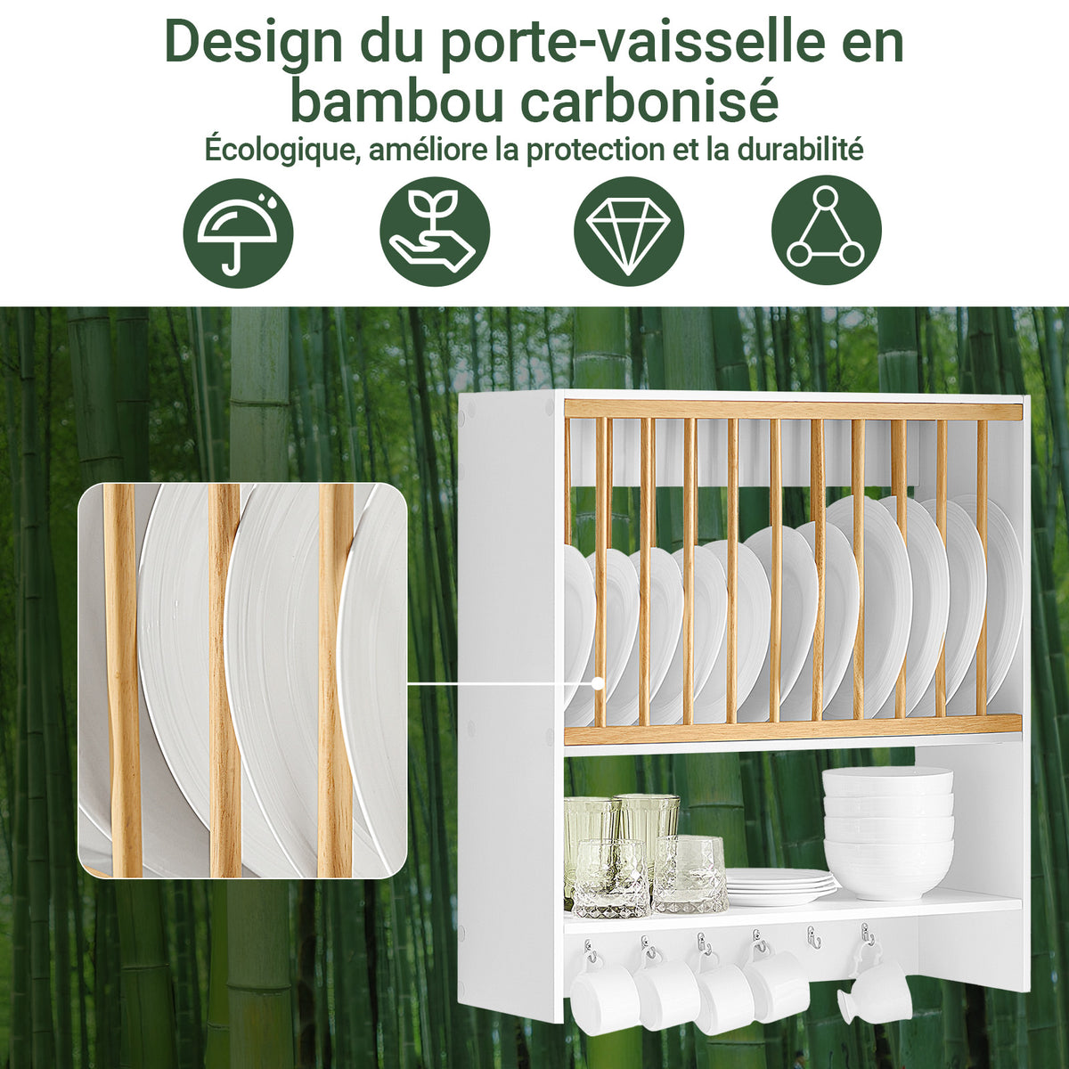 SoBuy KCR09-W Porte-Assiettes Mural avec Étagère et 7 Crochets – 11 Assiettes Ø35 cm, 64×24×71 cm, 10 kg, Blanc