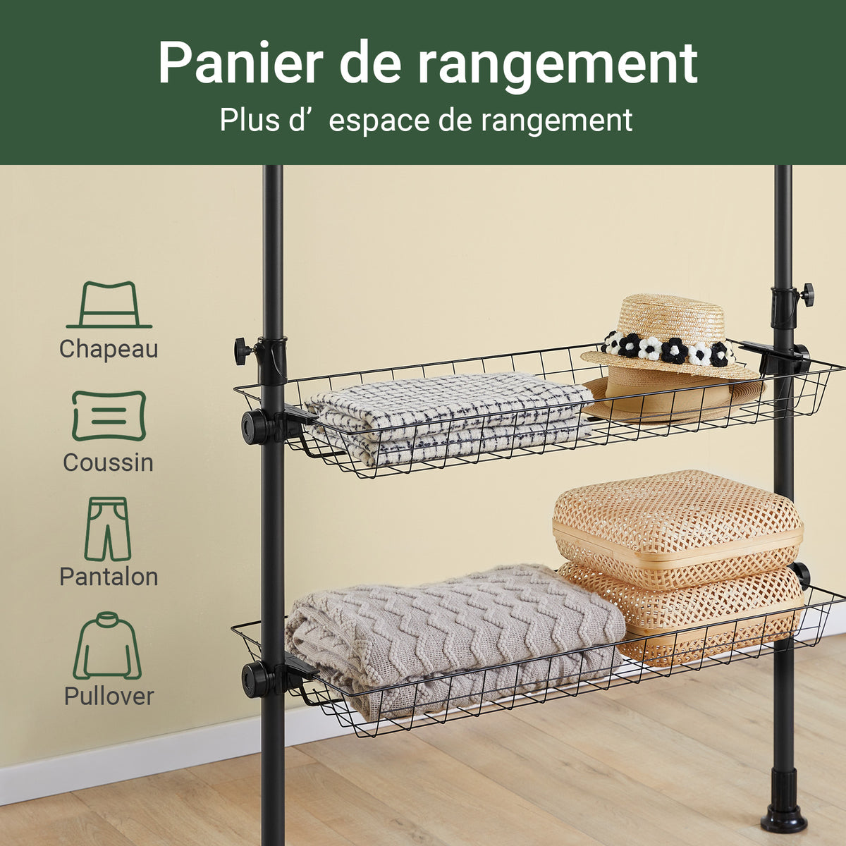 SoBuy KLS04-II-SCH Portant à vêtements télescopique solide - Penderie ouverte réglable avec tringles et étagères, Porte manteau pour chambre/dressing, Noir