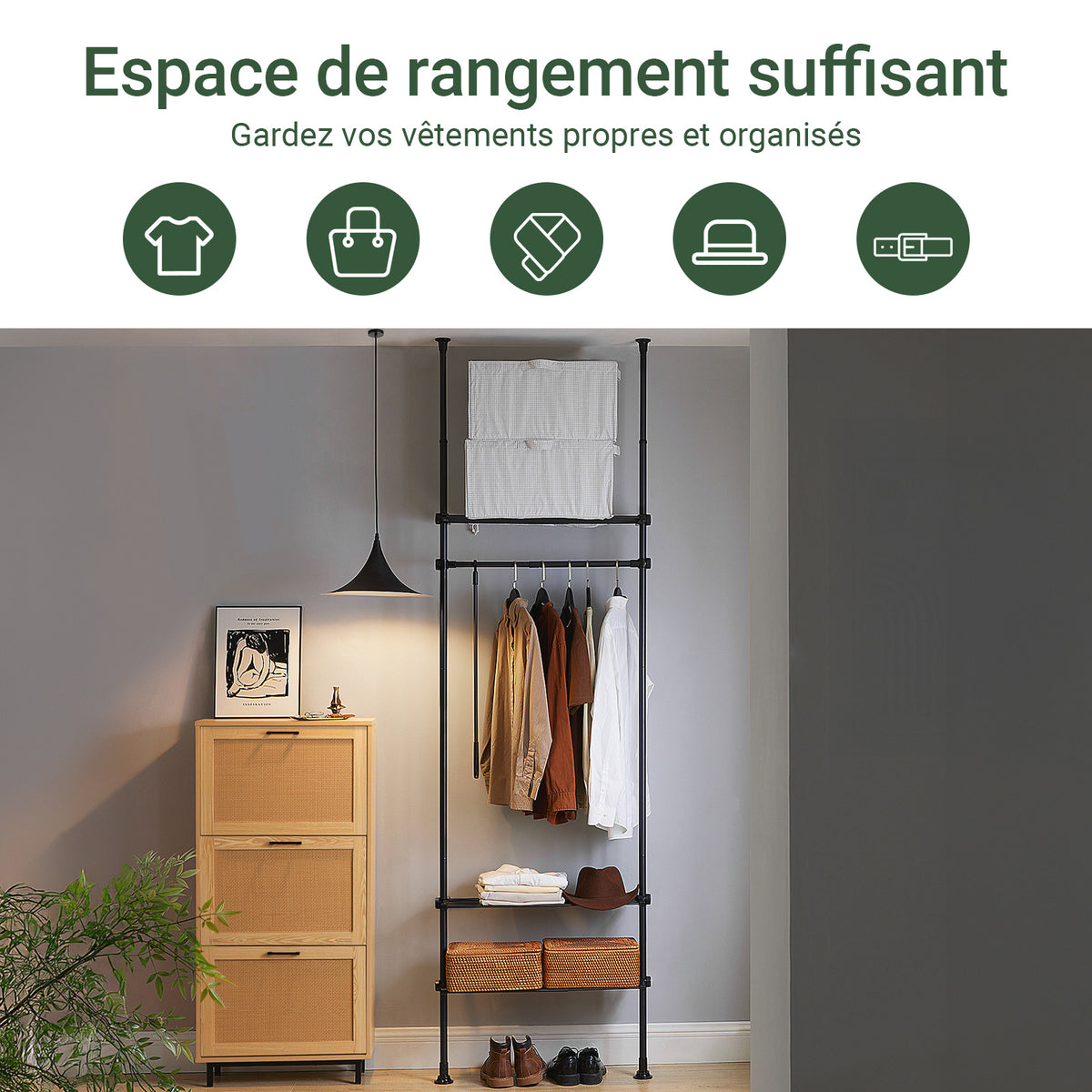 SoBuy KLS07-SCH Portant à vêtements télescopique solide - Penderie ouverte réglable avec tringles et étagères, Porte manteau pour chambre/dressing, Noir